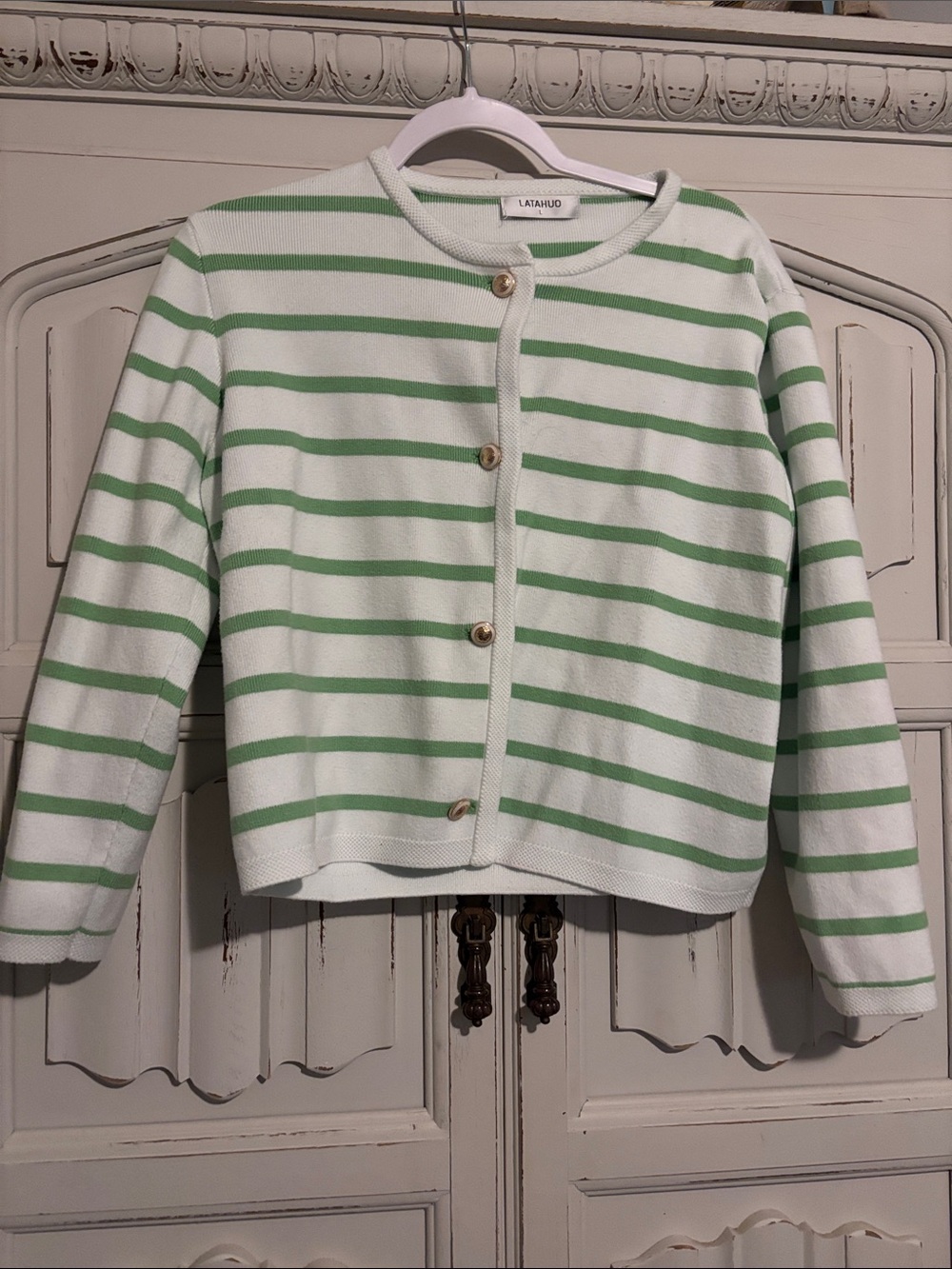Lafauo Green & White Striped Button Cardigan